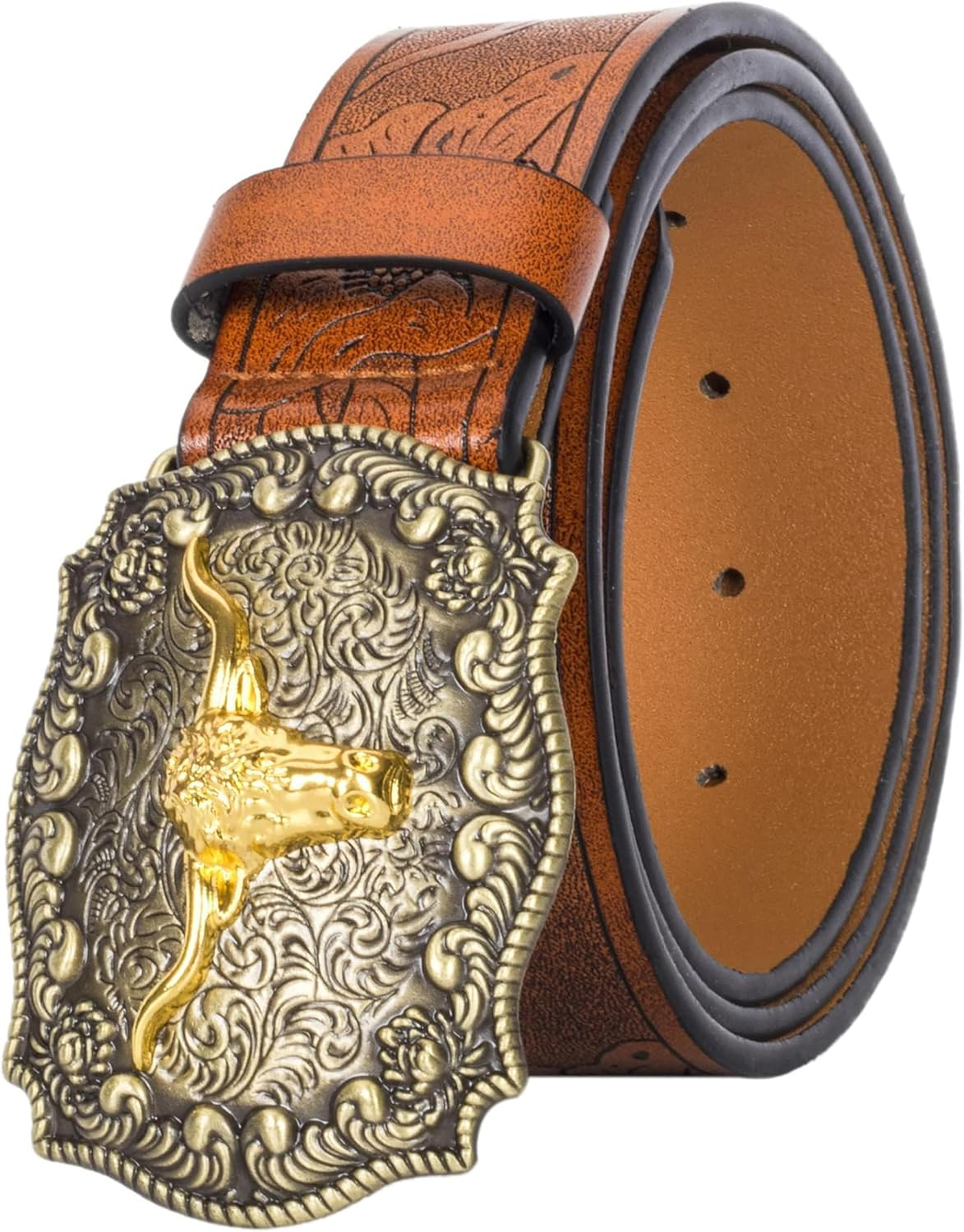 Vikodah Men & Women-Western-Cowboy-Leather-Belts - Longhorn Bull Pattern Buckle Belt Floral Engraved Buckle Belt for Jeans