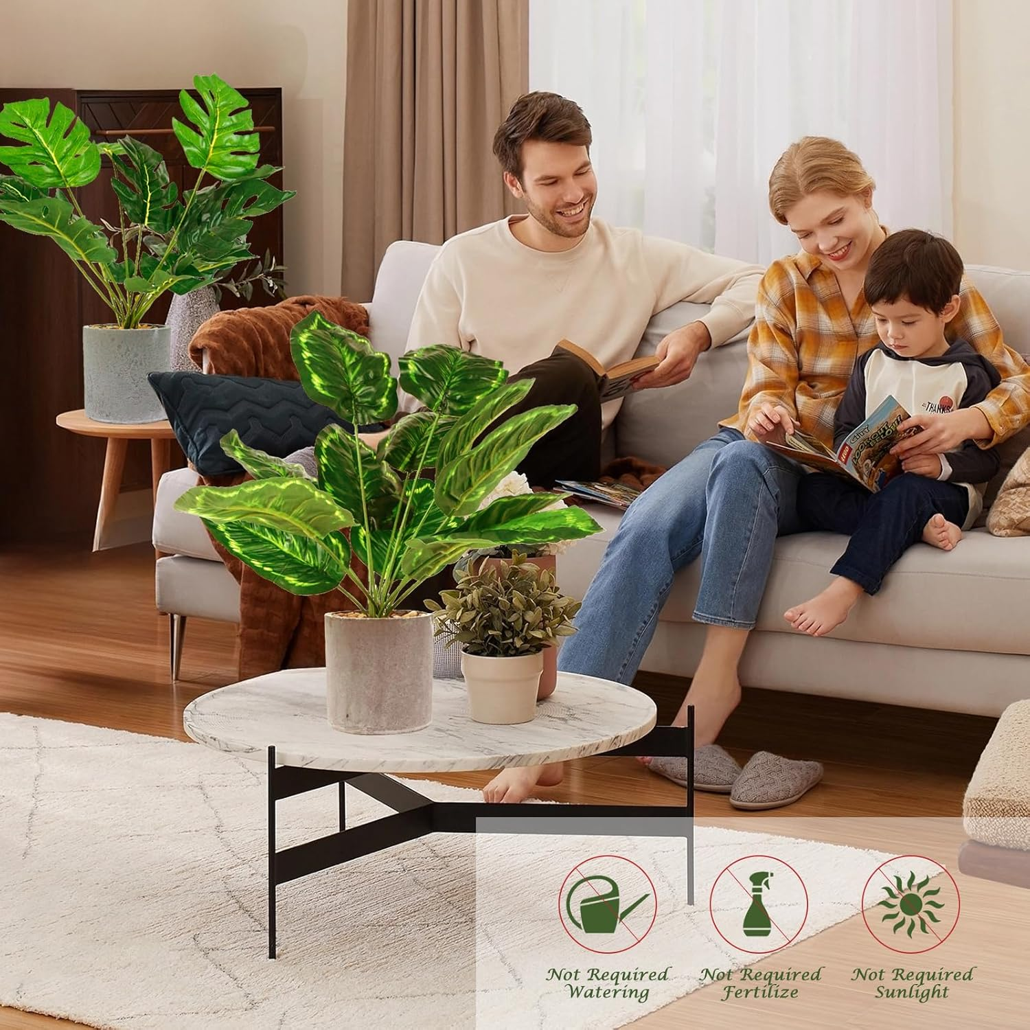 Lenamos 2 Pack Fake Plants Artificial Potted, 16" (40Cm) Faux Plants for Office Desk Home Farmhouse Decor Desk Shelf Living Room Bathroom Kitchen Greenery Decoration (Monstera Leaf + Peacock Leaf) image number 5