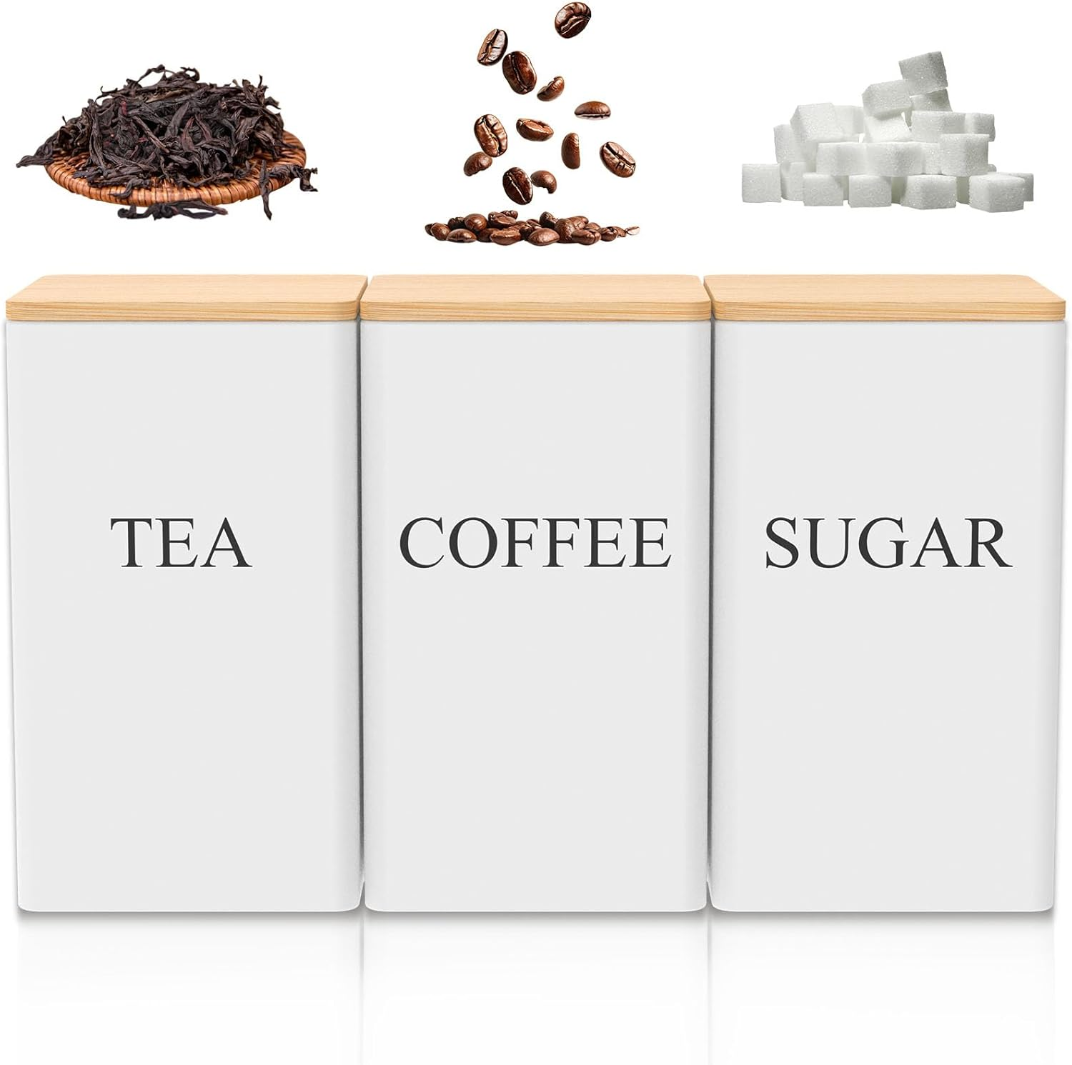 Tea Coffee Sugar Canister 1000 Ml Metal Coffee Tea Sugar Container with Airtight Bamboo Lid and Name Marker Food Storage Containers Jars for Coffee Sugar Tea Black Container Sets (Black)