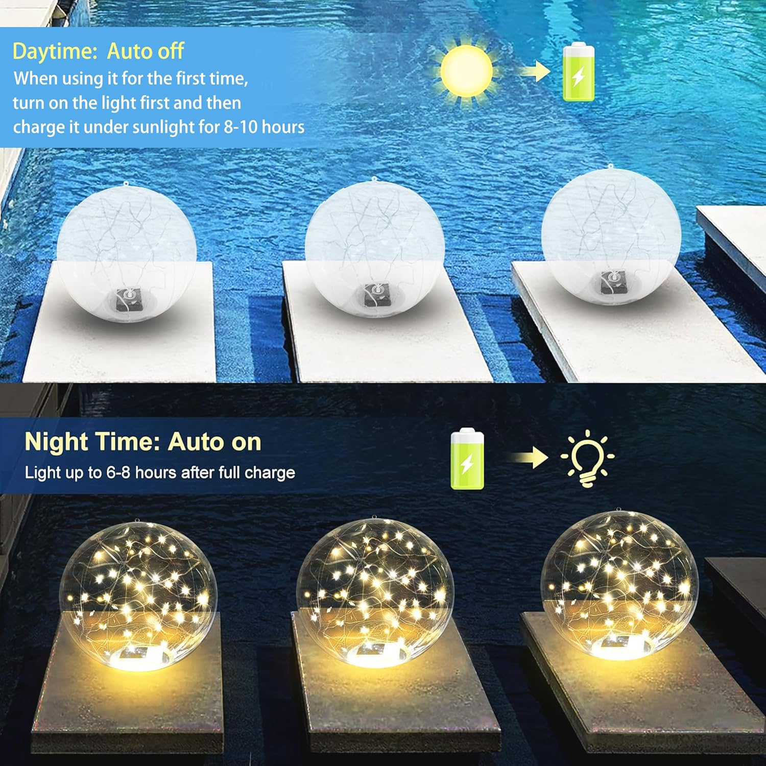 SATXTREM 14 Inch Solar Floating Pool Lights,Glow in the Dark 3000K Warm White Solar Powered Pool Lights That Float,Waterproof Led,Floating Ball Lights for Pool image number 4