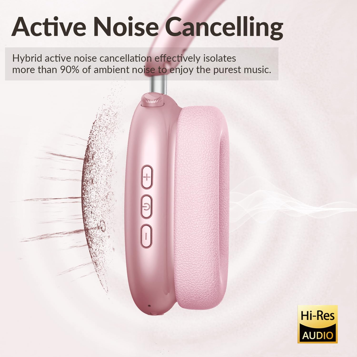 Wentronic Y02 Active Noise Cancelling Headphones,60H Battery,5 EQ Music Modes,Hi-Res Audio,Deep Bass,Foldable Wireless over Ear Bluetooth 5.4 Headset,Breathable Leather Earpads (Pink) image number 1
