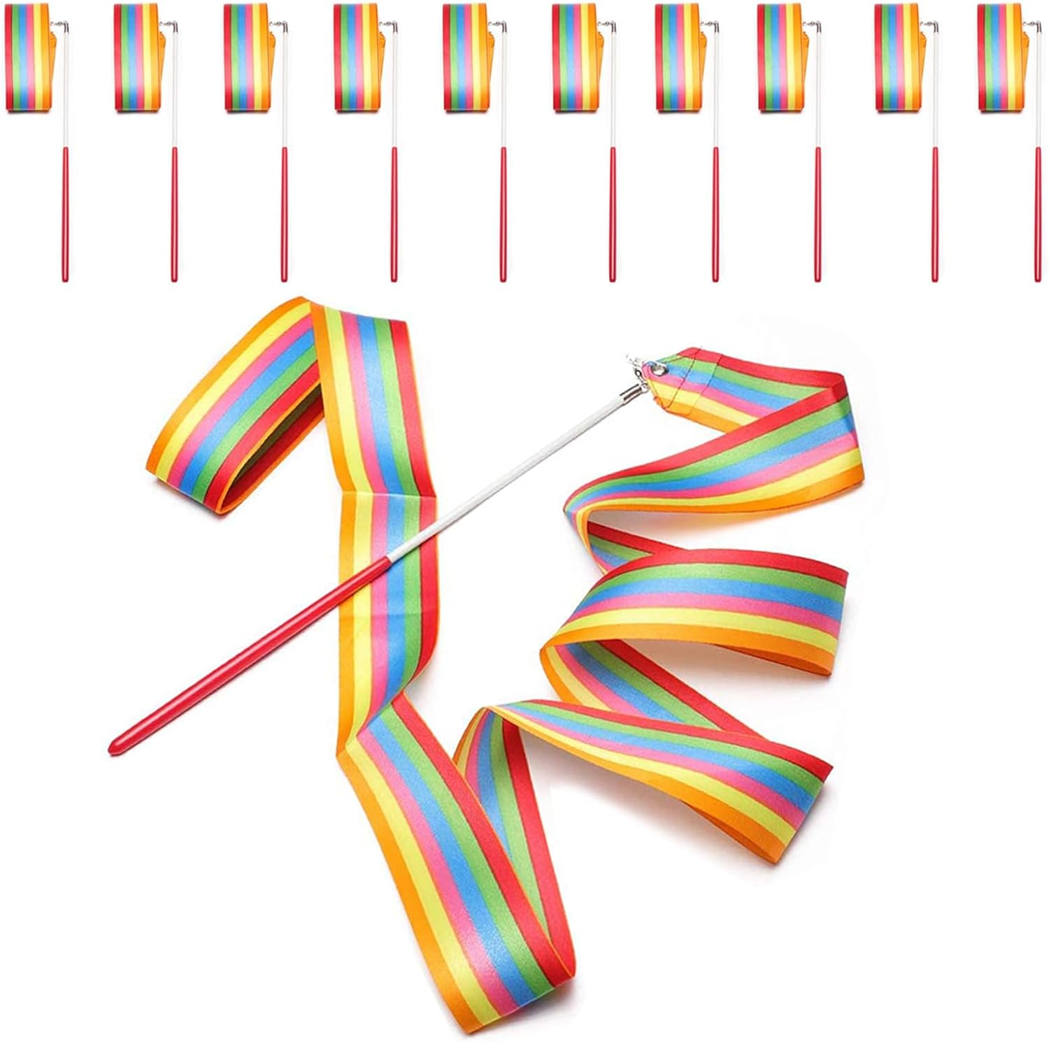 10 Pieces 2 Metre Art Gymnastics Rhythmic Band Swirling Baton Bar, Gym Dance Ribbon Wall Streamer and Stick for Children, Rainbow