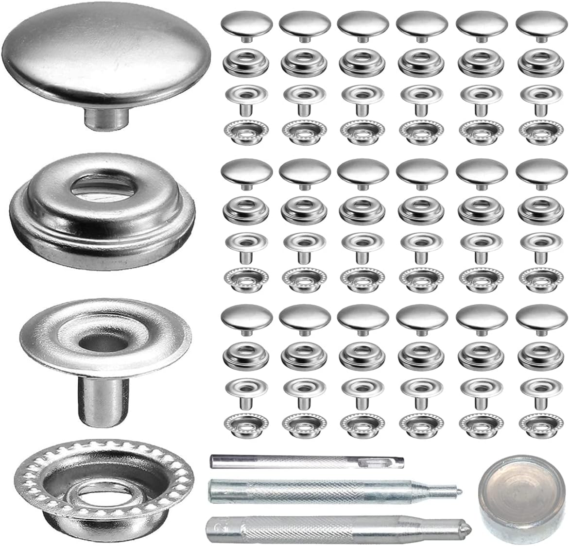 18Sets 15Mm Stainless Steel Fastener Snap Press Stud Button with Punching Tools Kits for Coats Bags Leathers Marine Boat Canvas Silver Line 24 Bronze
