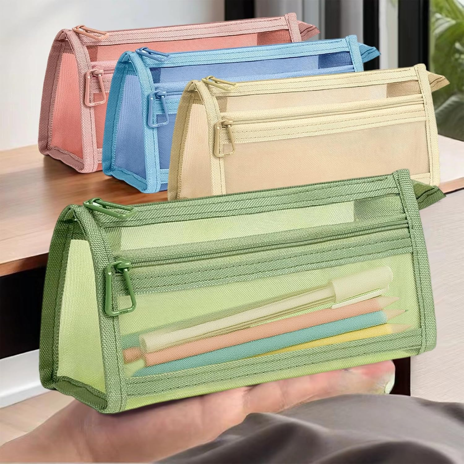 4 Pcs Pencil Case, Portable Clear Zipper Mesh Pouch for Makeup, Travel, Stationery Storage, Assorted Colors image number 1
