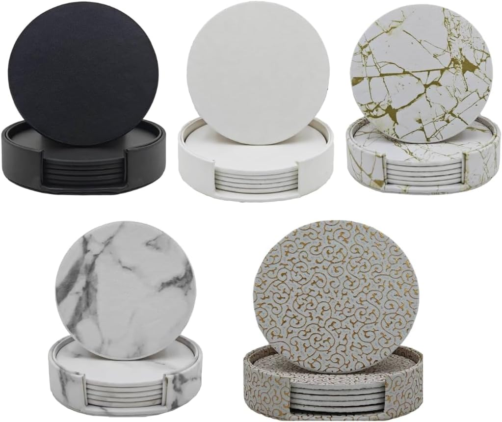 Vmila Leather Coasters for Drinks, 4" Drink Coasters Set of 6 with Holder for Tabletop Protection, Handmade Luxurious Home D&eacute;cor and Housewarming Gift (White Gold Marble Coaster) image number 1