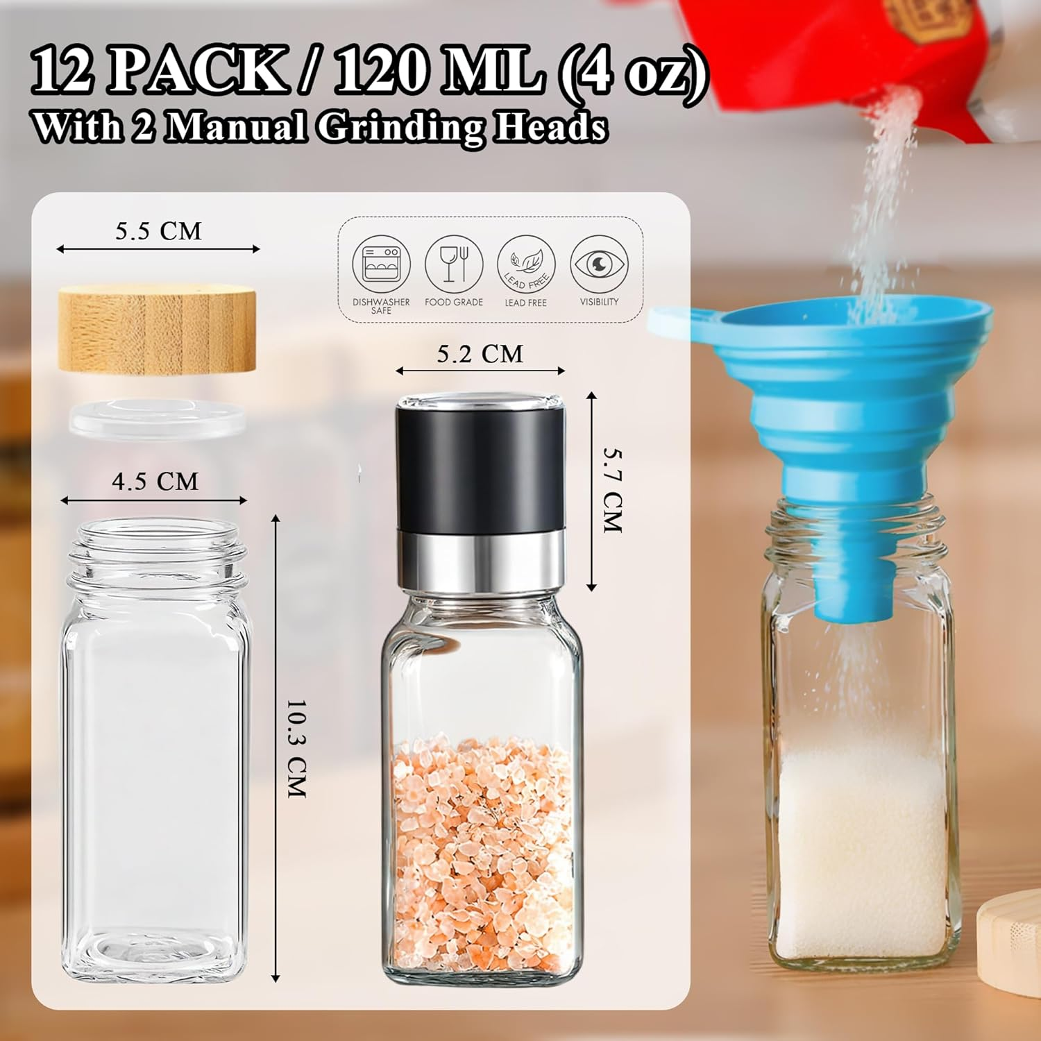 LIKHOPER Spice Jars Set of 12 &ndash; 120Ml Square Glass Bottles with Bamboo Lids, 2 Manual Grinder Tops, Kitchen Spice Storage Containers image number 2