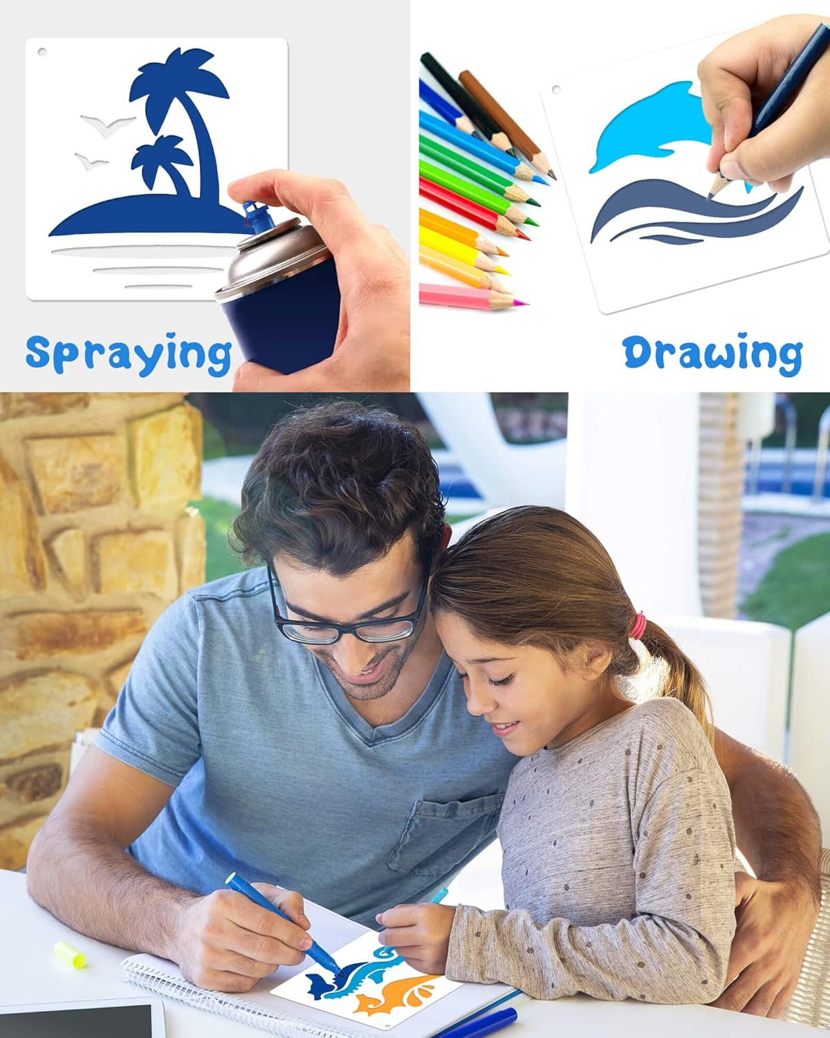 Vomika 36PCS Reusable Ocean Creatures Stencils, Sea Animal PET Template, DIY Craft Paint Stencil with Metal Open Ring, for Painting on Floor Wall Wood Paper Fabric Furniture, 5.1X5.1 Inches