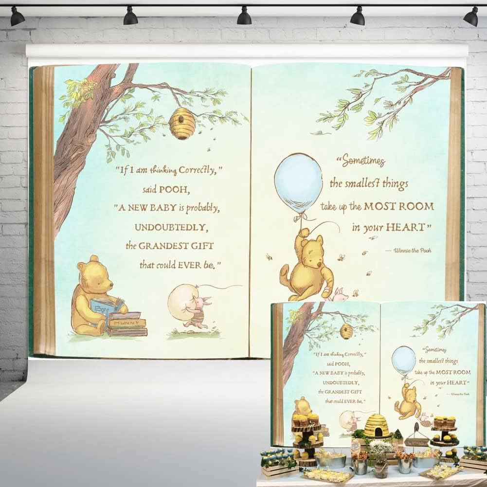 Claasic Pooh Bear Baby Shower Backdrop for Boy Retro Giant Book Spring Tree Vintage Background Newborn Quote Blue Yellow Tinge Banner 5X3 Ft 138 image number 2