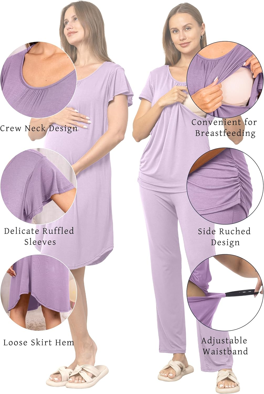 SUNNYBUY Women 3 PCS Maternity Nursing Nightgown Dress & Short Sleeve Breastfeeding Top & Pregnancy Pants Sleepwear Set image number 1