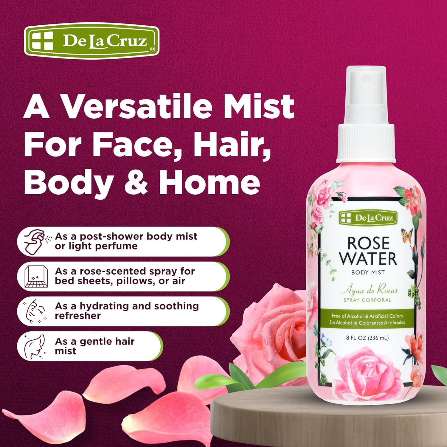 De La Cruz Rose Water Body Mist - Rosewater Spray for Face, Skin and Hair 8 Fl Oz (3 Bottles)