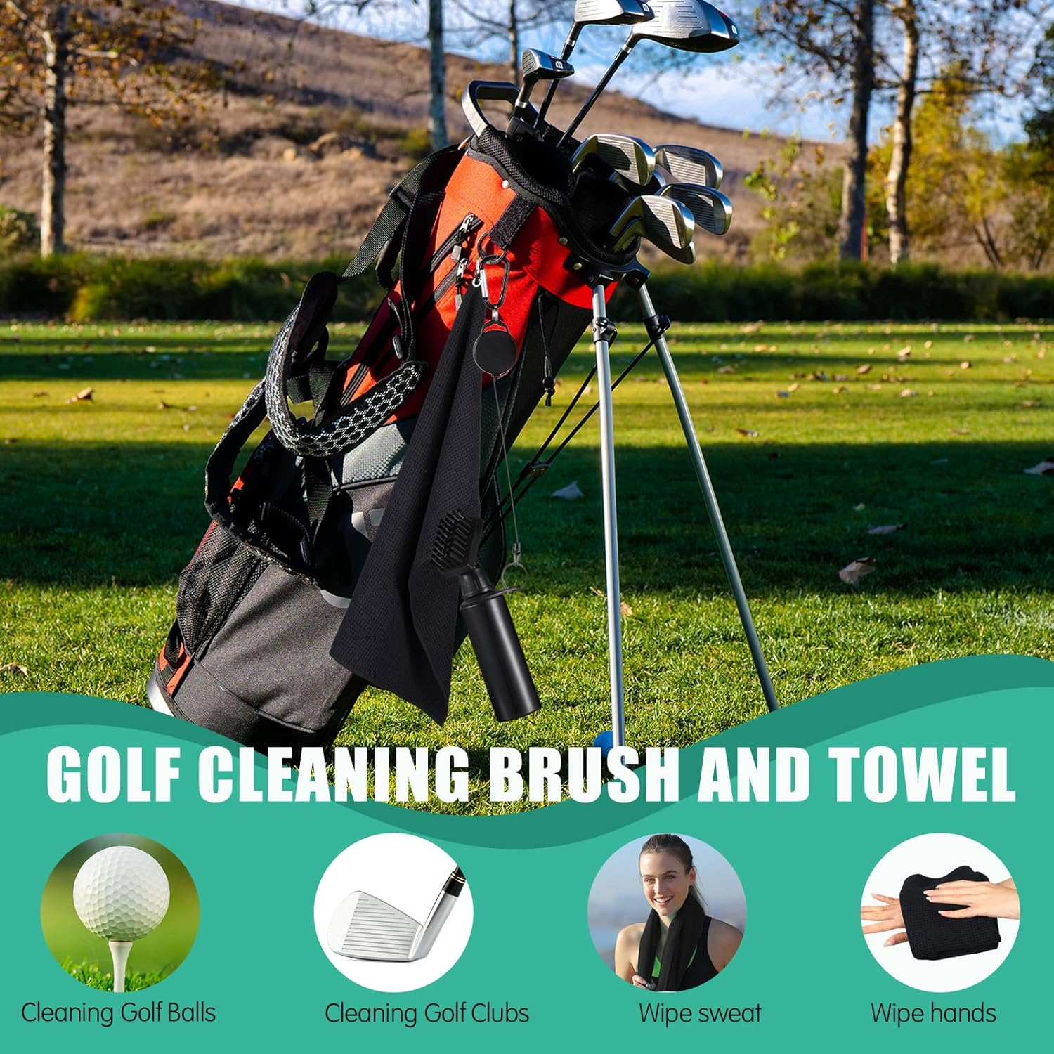 Wettarn 2 Pcs Golf Clubs Cleaner Brush with Microfiber Waffle Pattern Tri Fold Golf Towel, 4 Ounces of Squeeze Water Bottle and Nylon Retractable Aluminum Buckle (Black Towel + Black Brush) image number 5