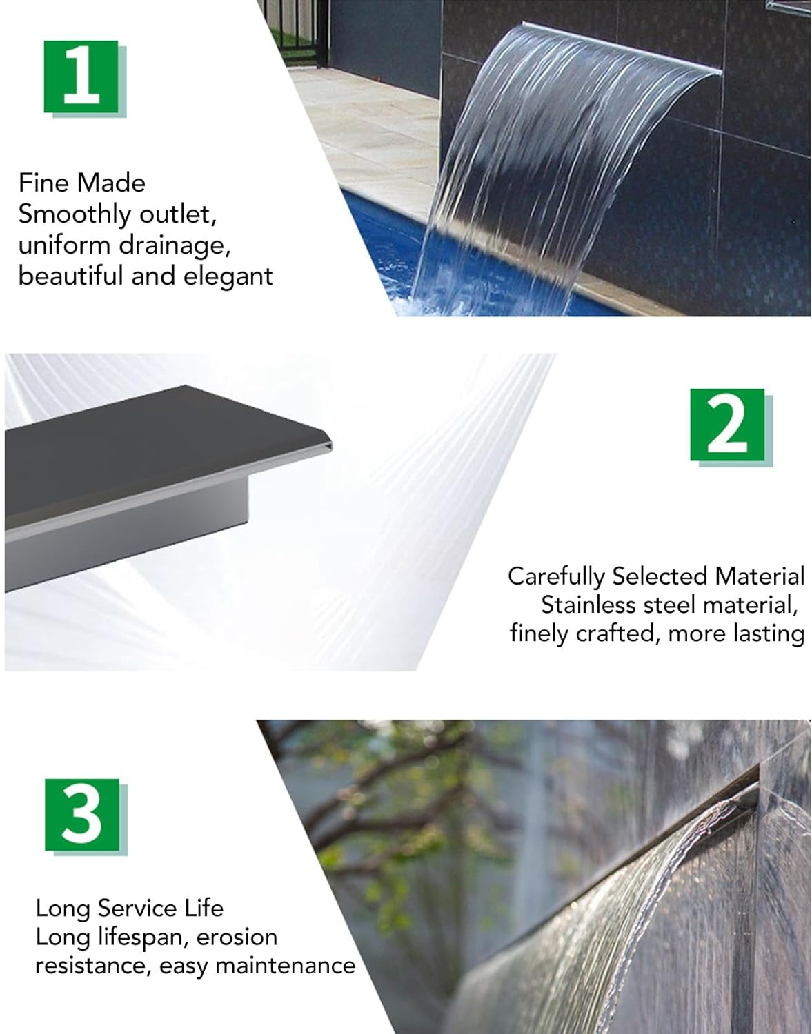 Waterfall Pool Fountain, 304 Stainless Steel Pool Waterfall Spillway with Pipe Connector, Decorative Waterfall Fountain Spillway, Wide Top Opening Waterfall Outlet for Outdoor image number 4
