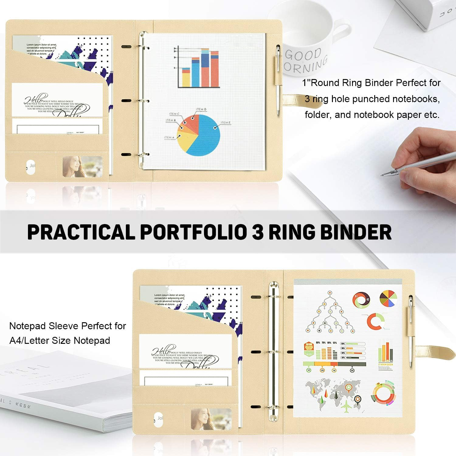 Toplive Padfolio 3 Ring Binder (1'' round Ring) Business Portfolio Folder for Interview, Conference and Presentation, Gold
