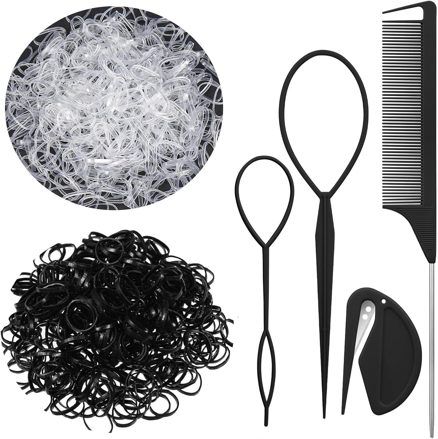 Pack of 2000 Hair Bobbles Small Black Hair Bobbles Mini Elastic Hair Band with Hair Bobbles Cutter Hair Tail Tools, Handle Comb for Girls Lady Doll Hair Styling