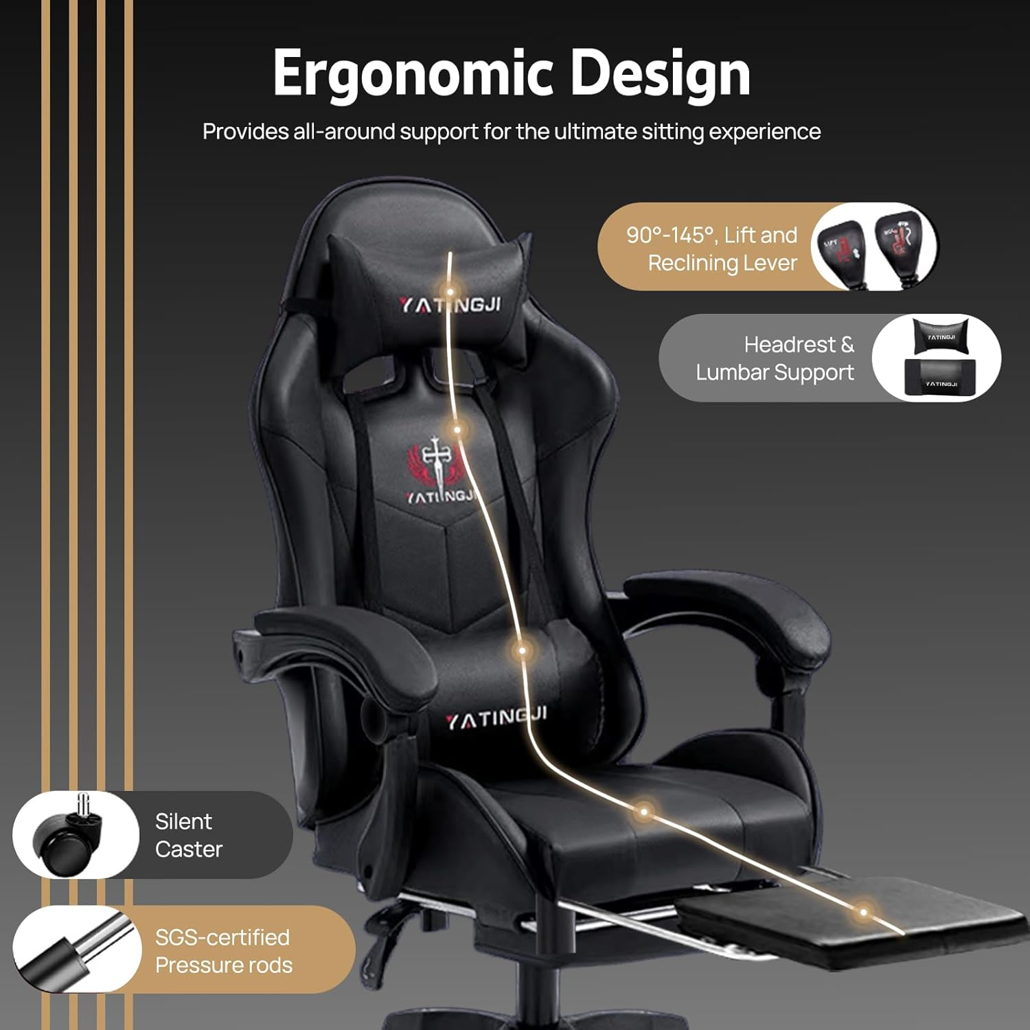 PORIYA Gaming Chair with Adjustable Backrest, Ergonomic Executive Office Chair, Height Adjustable Racing Chair Maximum Gaming Experience (Black) - Black image number 2