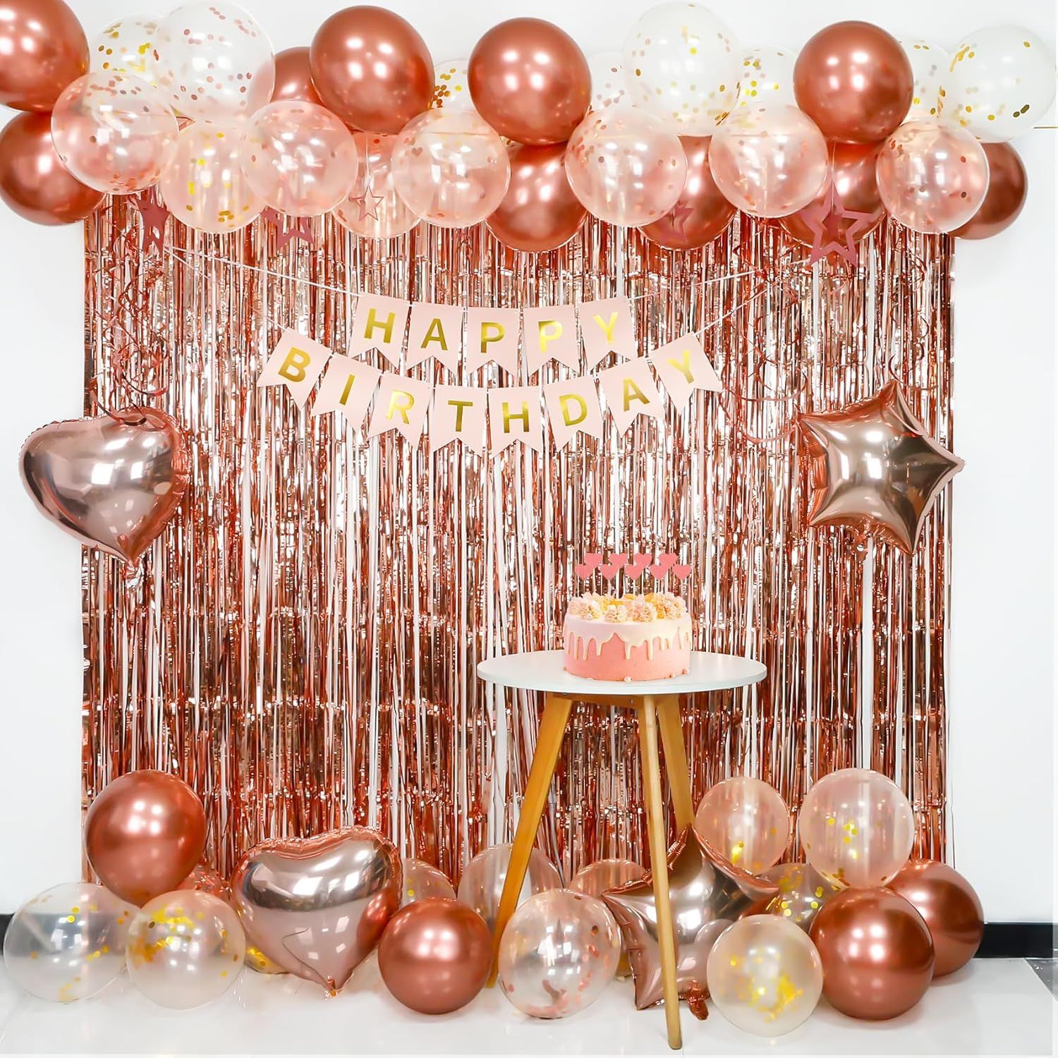Happy Birthday Decorations for Women Rose Gold Birthday Decorations Happy Birthday Banner Fringe Curtain Butterfly Hanging Swirls Party Decorations for Girls Cupcake Toppers Foil Confetti Balloons