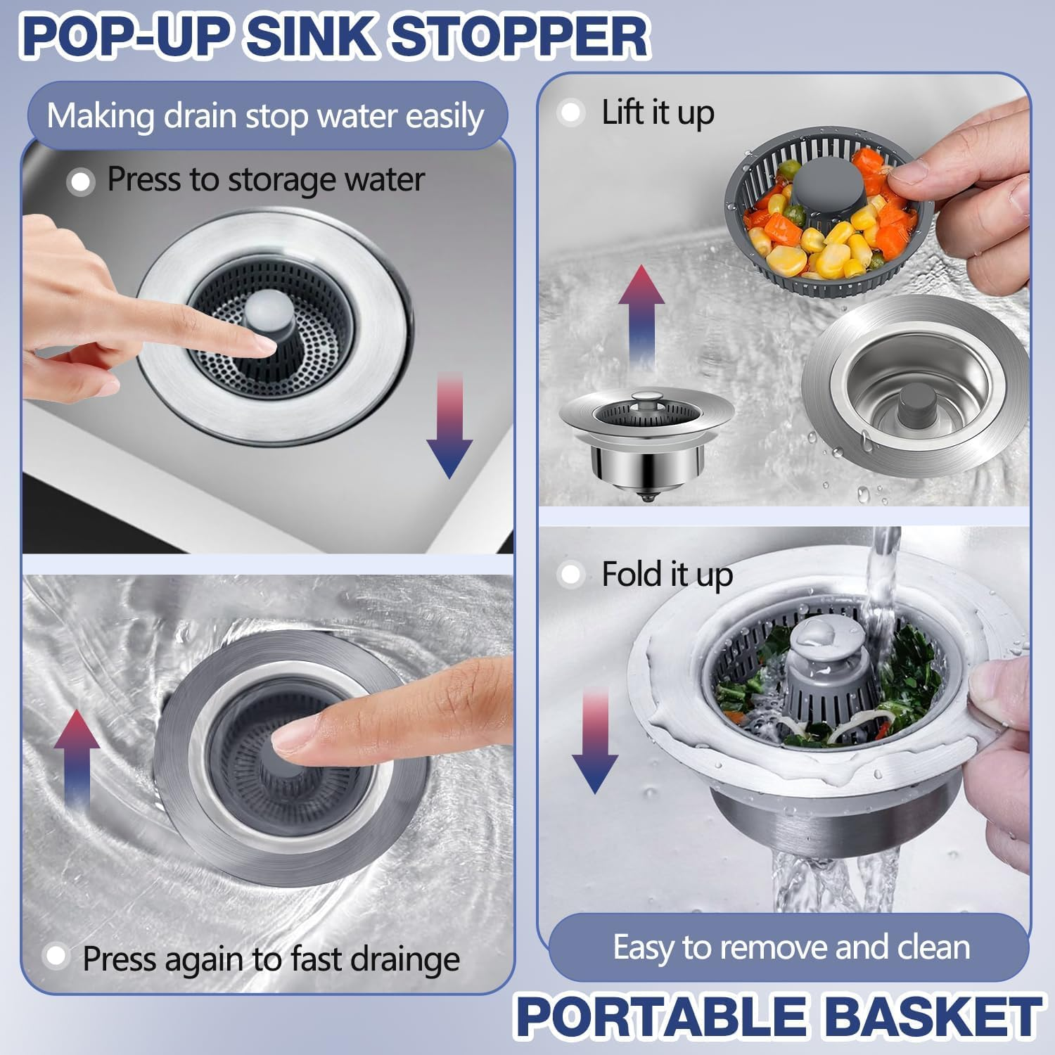 2Pcs 3-In-1 Kitchen Sink Drain Strainer and Stopper Combo - Stainless Steel Pop-Up Sink Stopper with Anti-Clogging Basket - Bounce Core Drain Aid image number 3