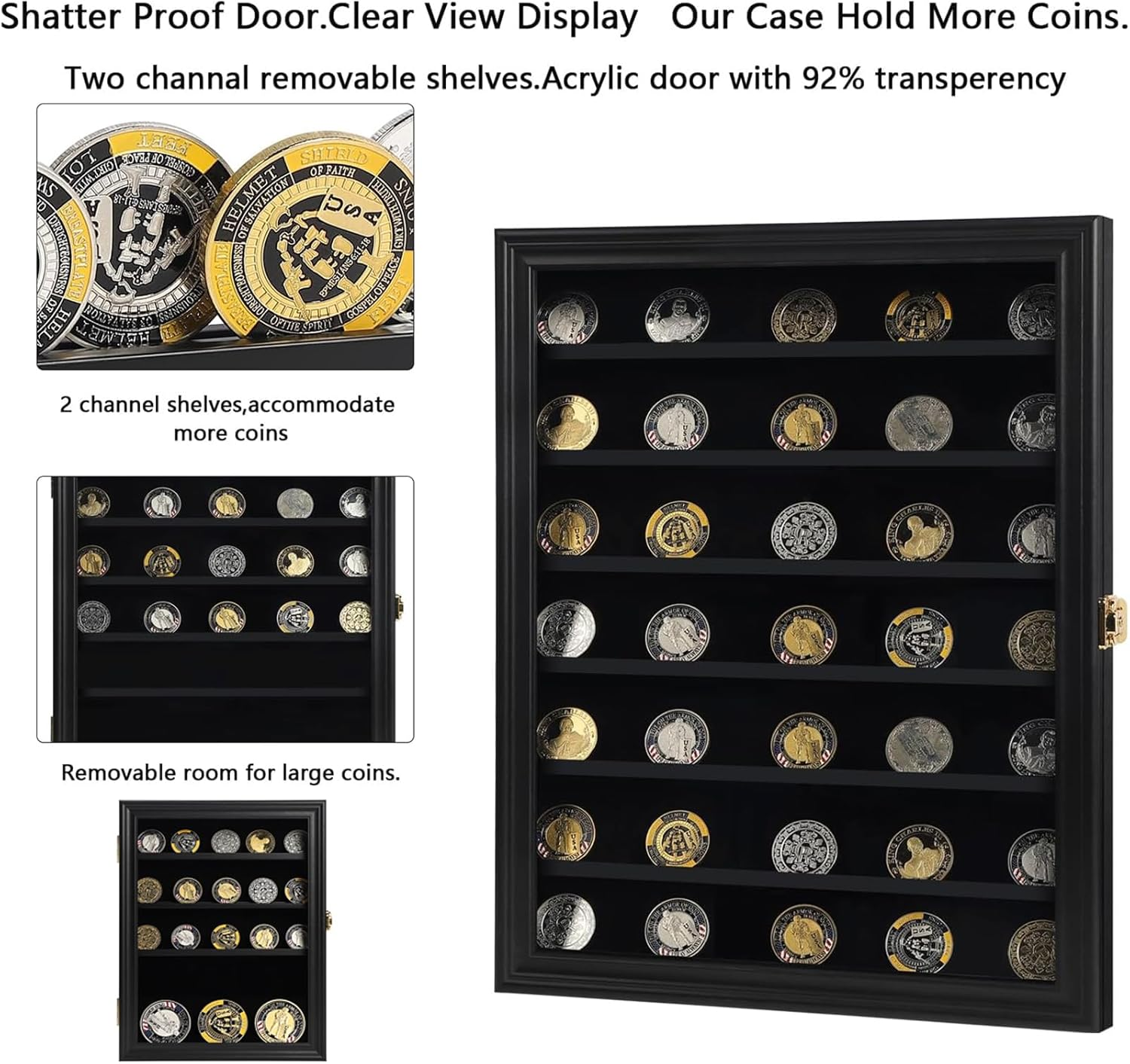 Sboitflmm Military Challenge Coin Display Case Lockable Cabinet Shadow Box with Removable 2 Grooves Shelves and anti Fade Acrylic Glass Door for Casino Poker Chips Collectibles Small Black image number 4