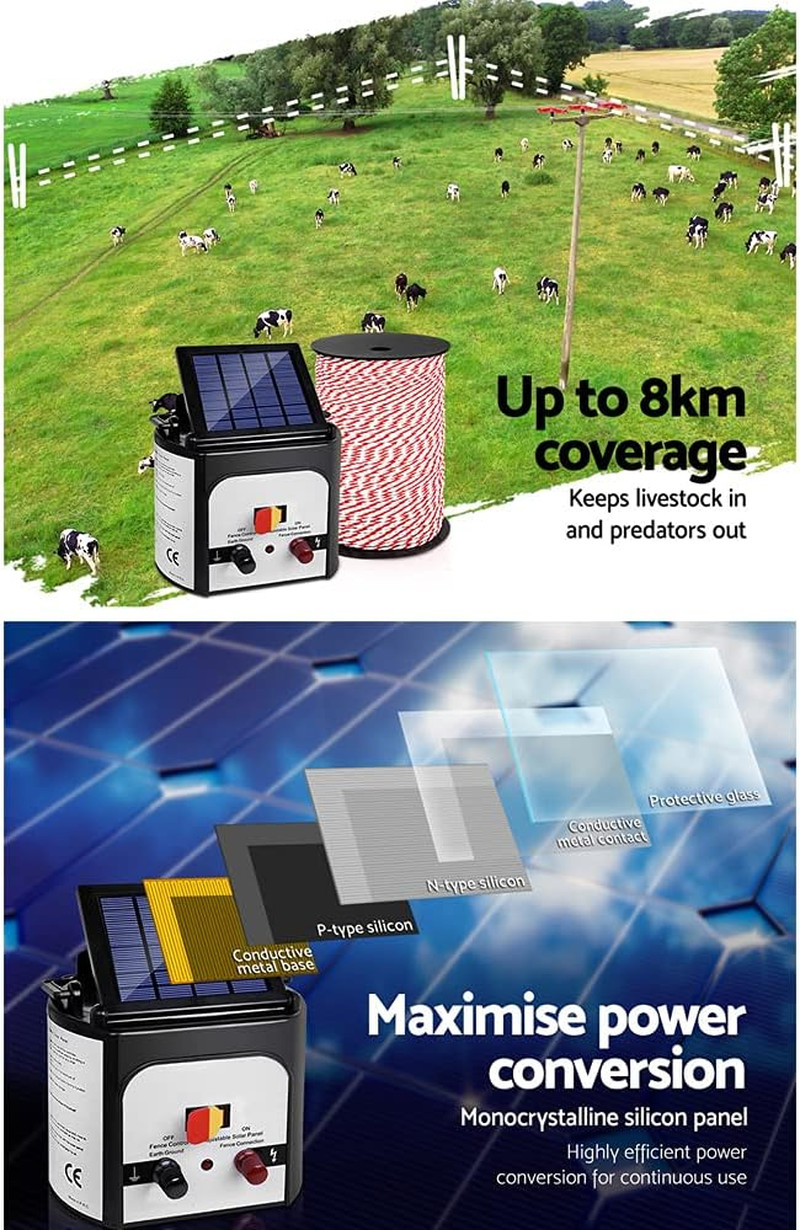 Giantz Fence Energiser 8Km Solar Energizer Charger Electric Wire, Fencing Equipment, 0.3J Discharge Energy Lead Sealed Battery Panel 500M Polyrope 4Mm Width