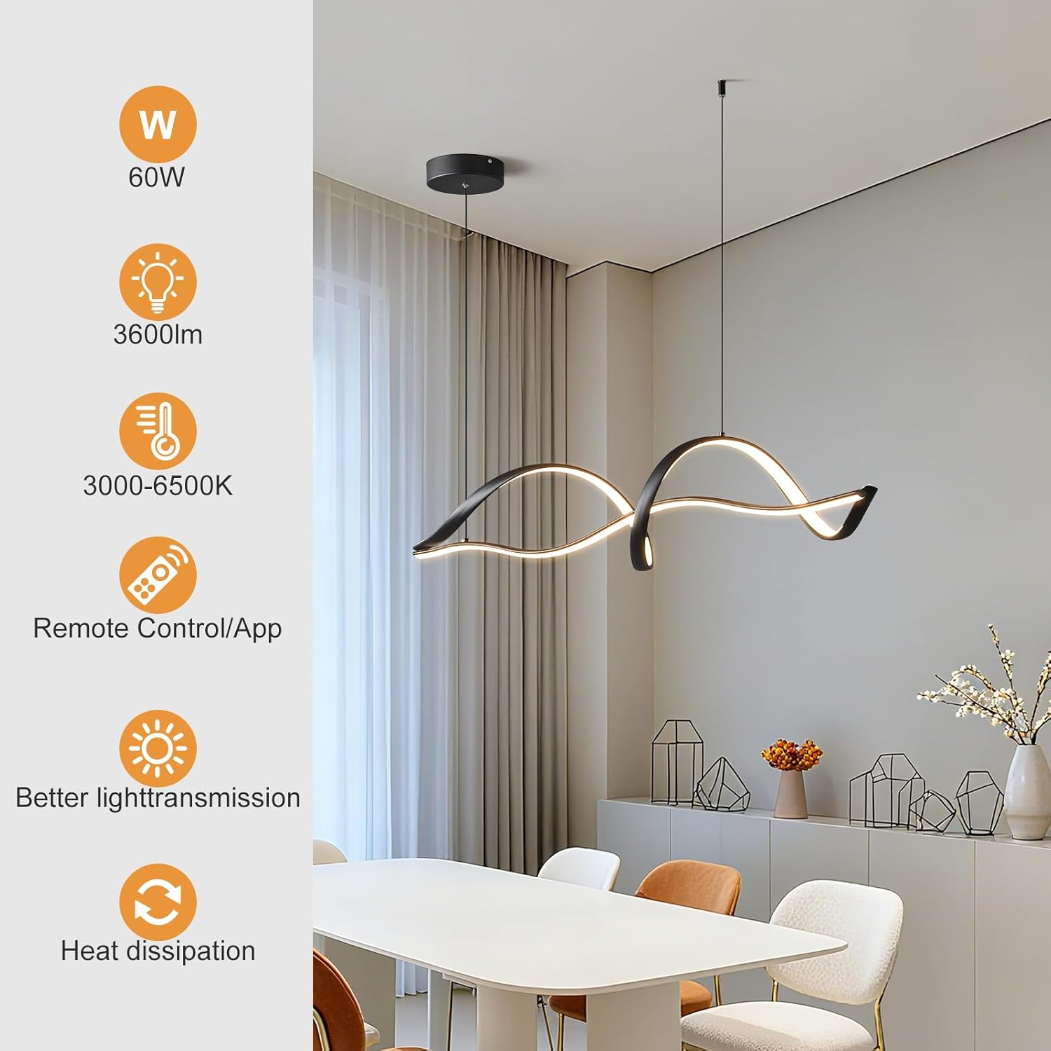 GEADI Modern LED Pendant Light, Dimmable Linear LED Chandelier, 110Cm Wave Kitchen Pendant Lighting over Island, Adjustable Hanging Light Fixture for Dining Room, 3000K-6000K - 40W/Black Wave image number 4