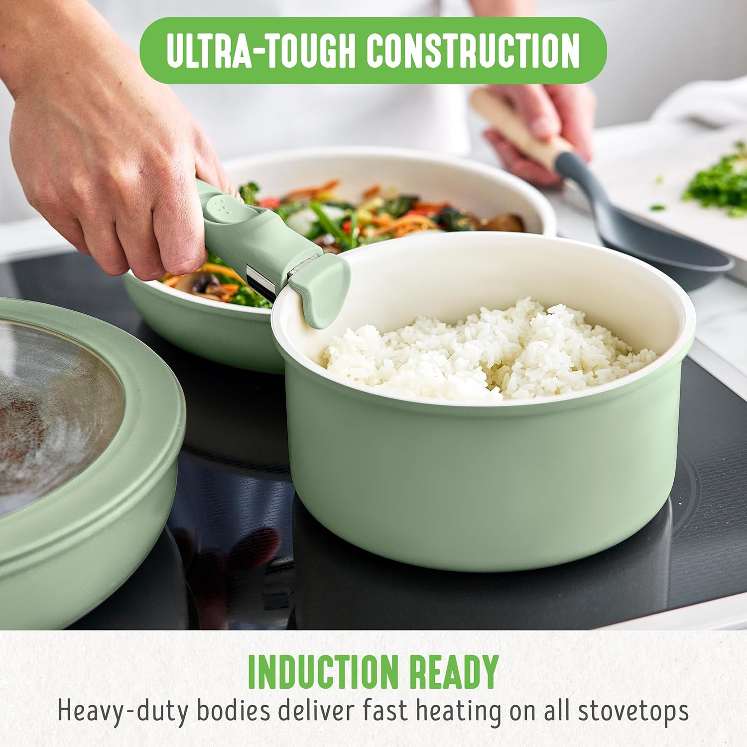 Greenlife Click 10-Piece Ceramic Nonstick Cookware Set, Detachable Handle, Stackable Space Saving Kitchen Essential, Non Toxic Pfas-Free Pots & Pans, Induction & Oven Safe, Glass Lid, Sage Green image number 1