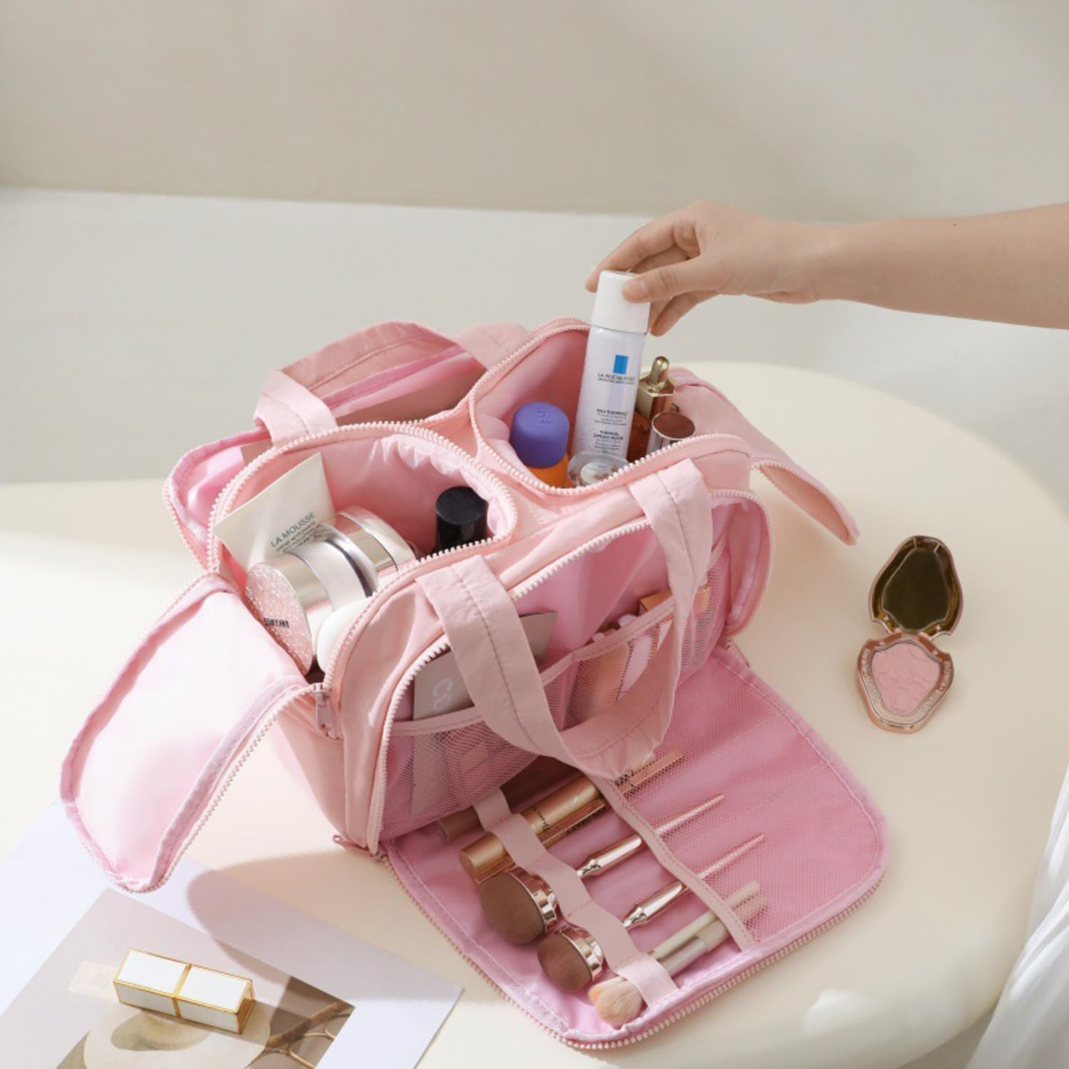 Travel Toiletry Bag, Puff Large Capacity Cosmetic Bag, Lightweight Wide Open Travel Bag for Women, Makeup Toiletry Bag Organizer with Handle for Accessories,Essentials. (Pink) image number 3