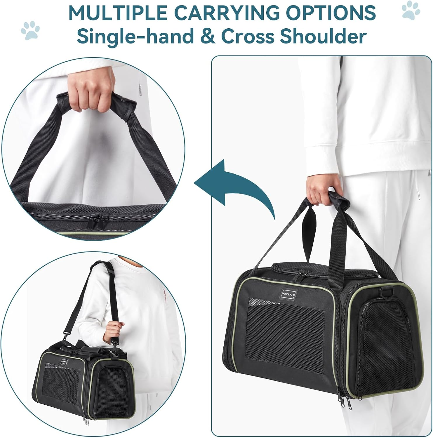 PETSFIT Soft Cat Carrier with Extendable Fleece Pet Mat, Kitty Carrier Airline Approved with Safety Leash for Pets up to 12 Lbs (44 * 26.5 * 27CM, Black)