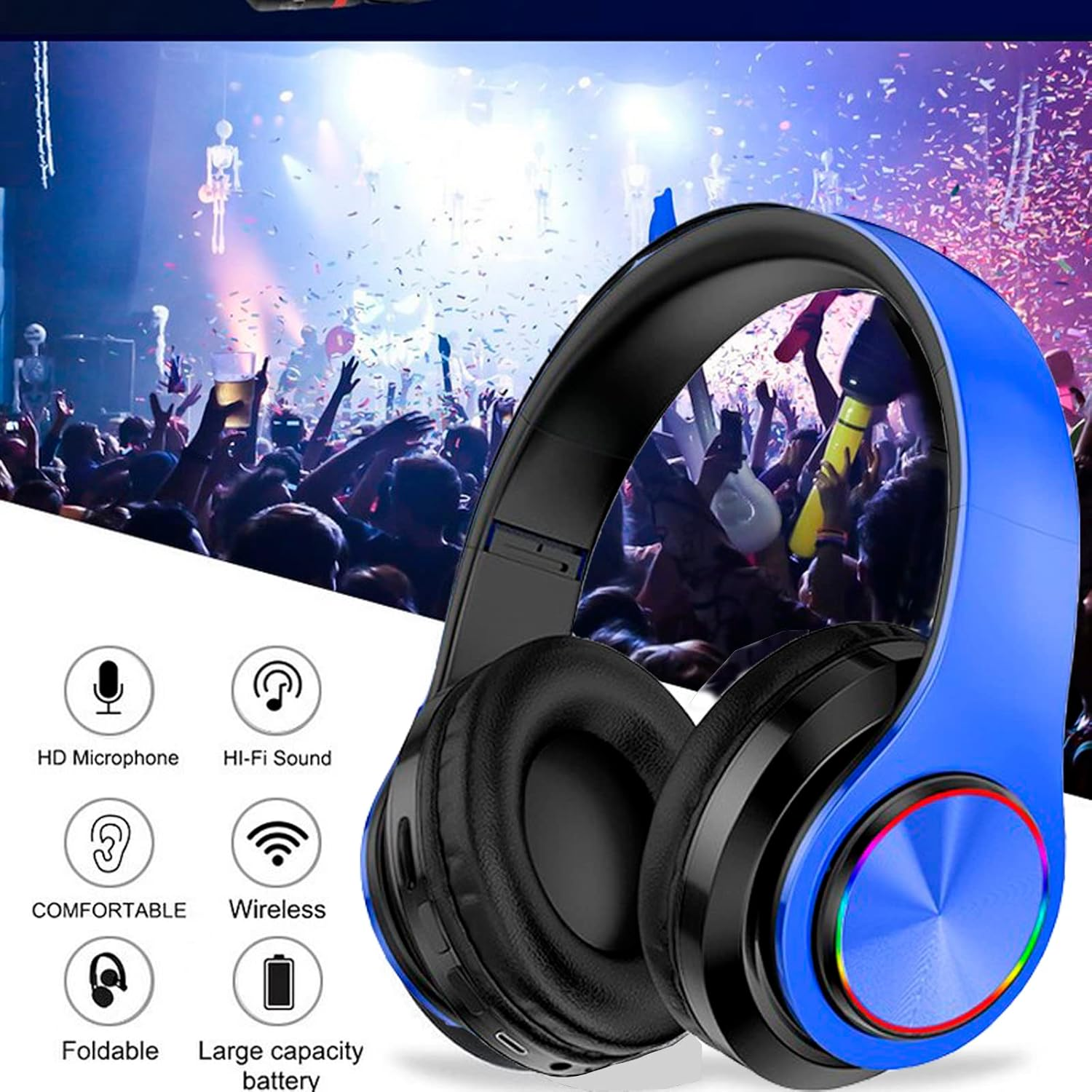Kids Bluetooth over Ear Headphones, Colorful LED Lights Headphones with Built-In Mic, Bluetooth 5.0, Wired and Wireless Foldable Stereo Headphones for Classroom/Home Office/Tablet/Airplane(Blue) image number 3