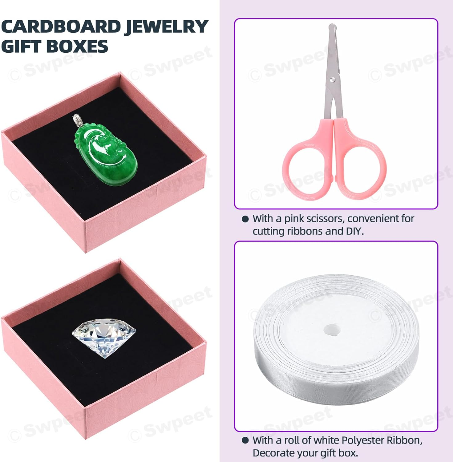 Swpeet 12Pcs Pink 3.5 X 3.5 X 1.2Inch Fan Pattern Cardboard Jewelry Gift Boxes with Scissors and Polyester Ribbon Assortment Kit, Necklace Earring Bracelet Boxes Gift Case for Jewelry Storage - Pink image number 4