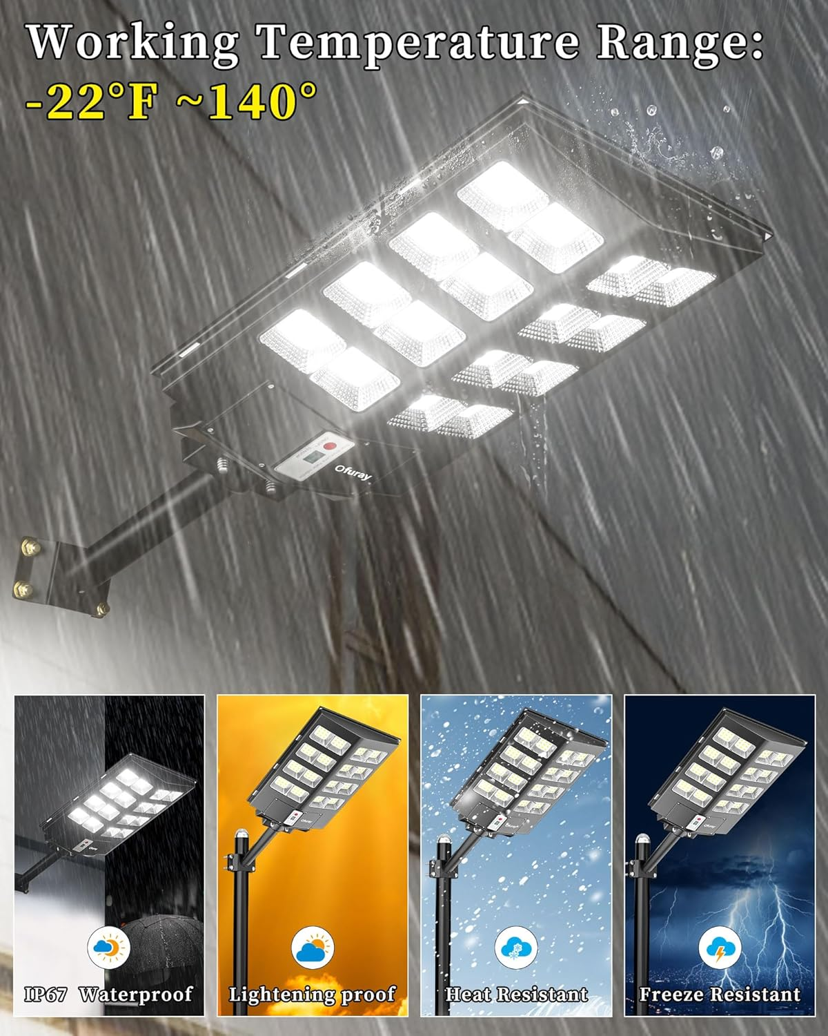 Ofuray 3000W Solar Street Lights Outdoor,100000Lm Solar Parking Lot Lights Dusk to Dawn 6500K,Ip67 Waterproof Solar Security Commercial Lights with Motion Sensor & Remote for Yard, Garage,Street image number 6