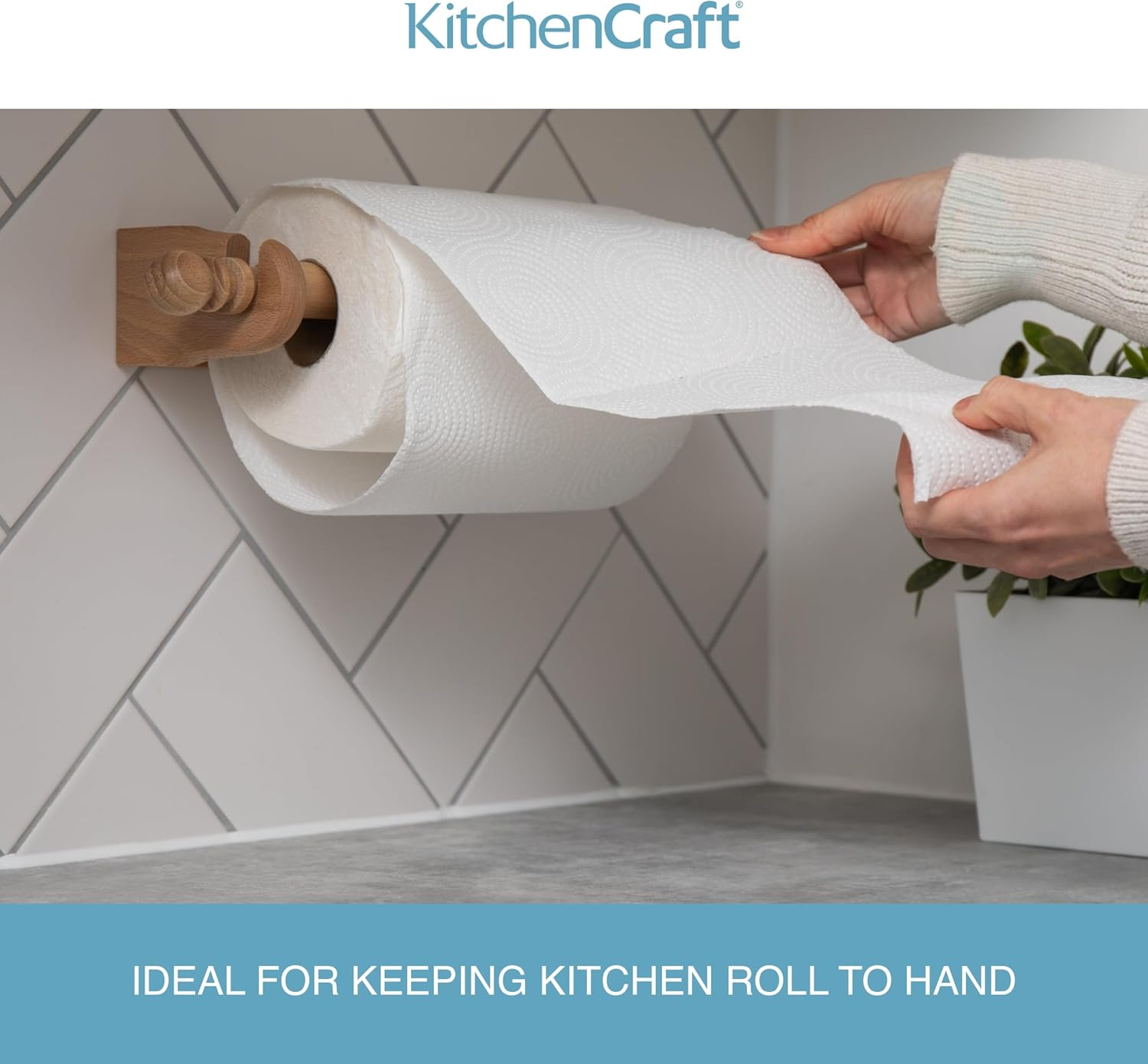Kitchencraft Wall Mounted Kitchen Roll Holder to Fit 25 Cm Paper Towels, Beechwood, Brown image number 2
