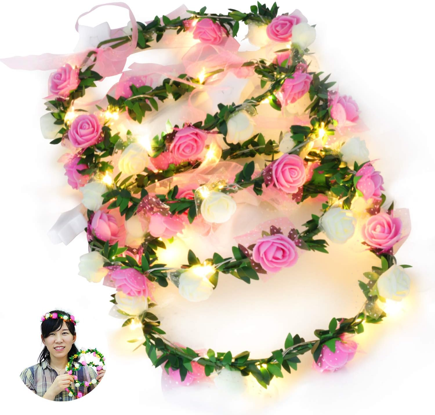 Novelty Place 4 Pack Light up Flower Headband - LED Floral Head Crown for Wedding, Festival and Party - 4 Pieces image number 2
