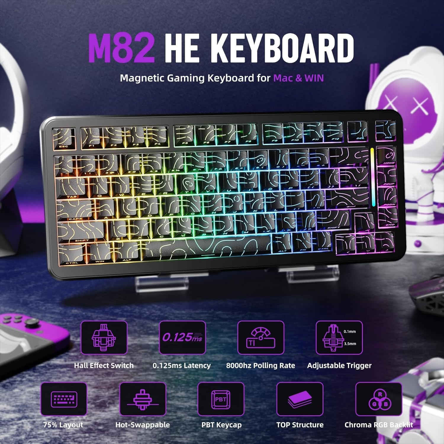 MAMBASNAKE M82 HE Gaming Keyboard-Black Contour - White Contour image number 3