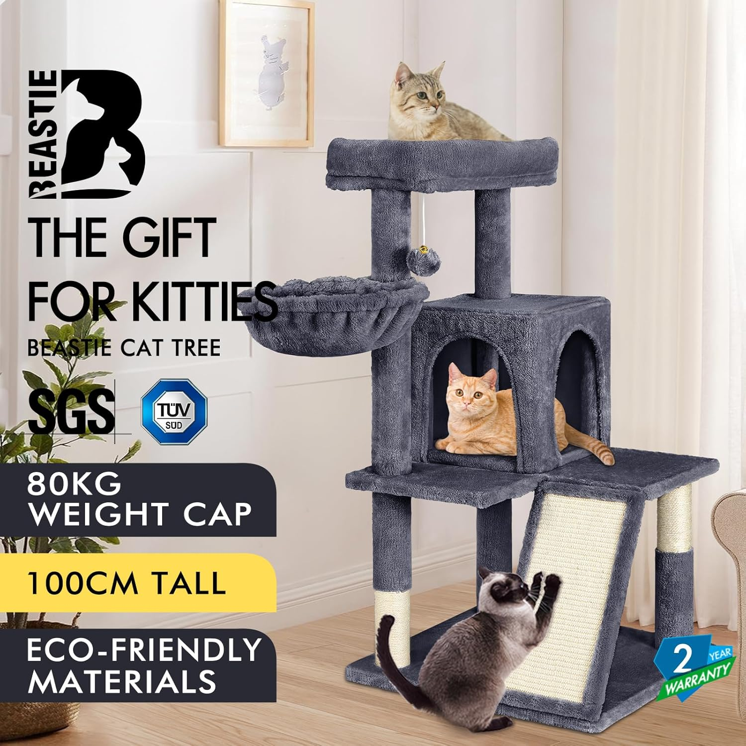 BEASTIE Cat Tree 100Cm Multi-Level Cat Tower with Scratching Posts, Cat Condo Play House Wood Furniture for Kittens Climbing and Rest, Sisal-Covered Cat Scratcher Tower with Plush Perch in Grey Colour - Grey image number 5