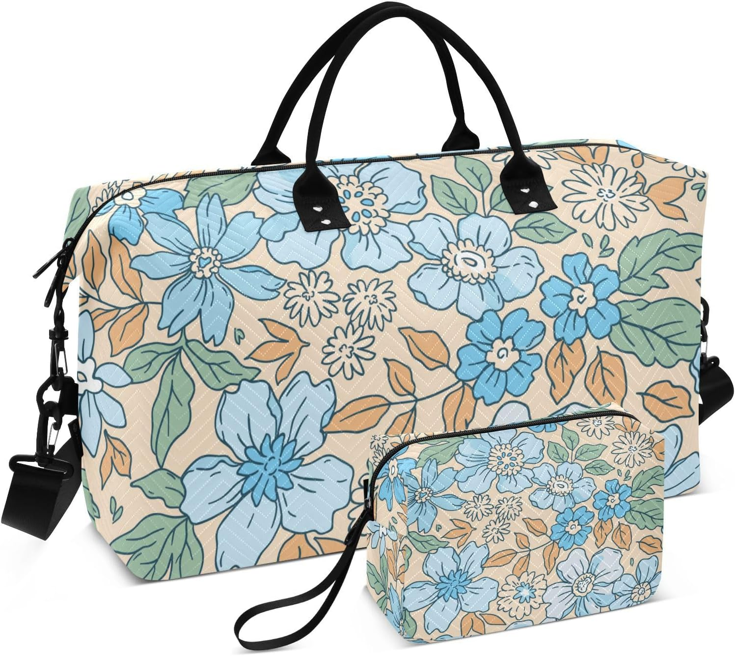 Duffel Bag Travel Weekender Gear Bag Elegant Floral Modern Blue Yellow Sport Training Bag with Toiletry Bag For, Elegant Floral Pattern Modern, Set of 2, Art Deco