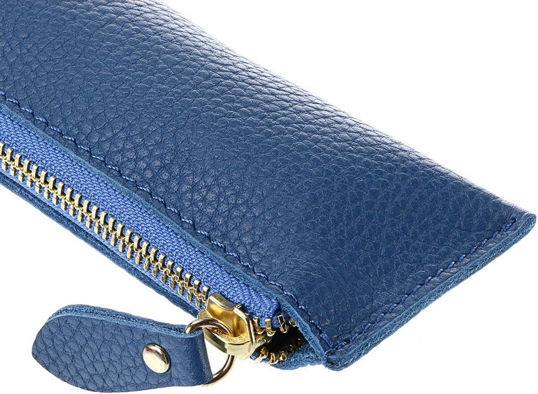 BTSKY Genuine Leather Pencil Case - Zippered Pen Case Stationery Bag Zipper Pouch Pencil Holder(Blue) image number 6