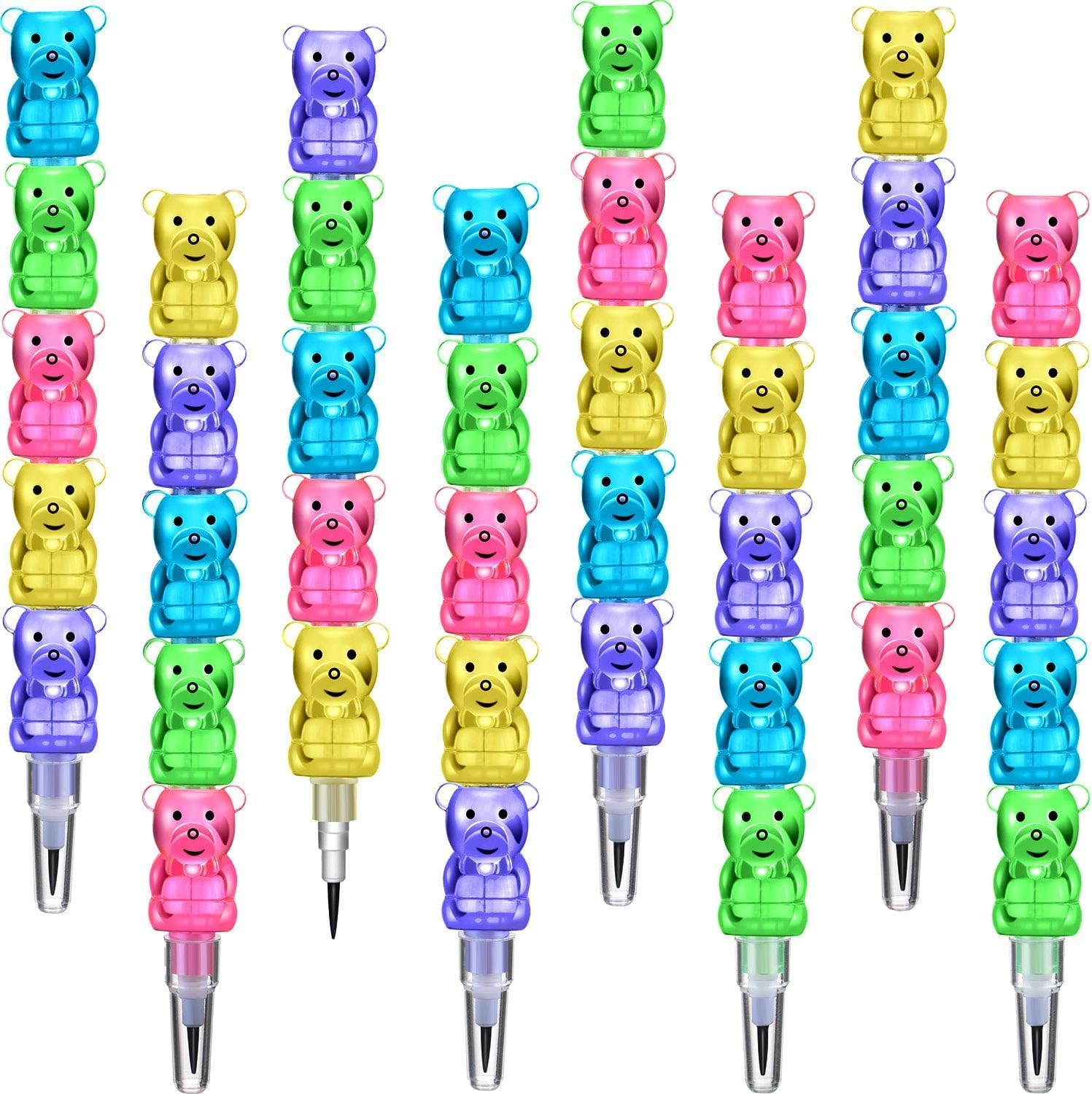 30Pcs Stackable Plastic Pencils,Kids Bear Shaped Stacking Pencil,5 in 1 Point Pencils for Birthday Party Supplies,Goodie Bag Filler image number 2