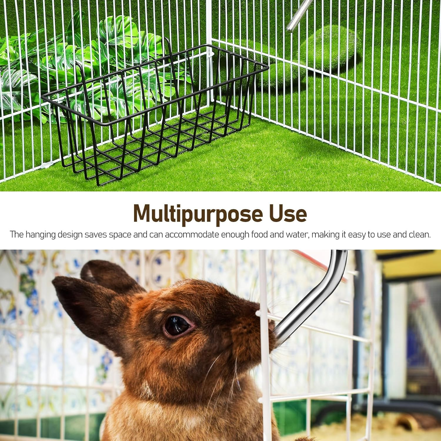POPETPOP Rabbit Hay Feeder 2 Pieces Hanging Hay Holder Made of Metal with 2 Pieces Small Animal Water Bottles Robust Hay Holder with Frame for Guinea Pigs Rabbits Chinchilla image number 6