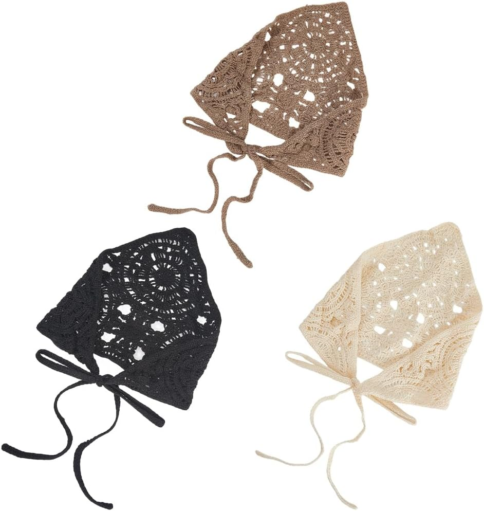 CABODYALS 3Pcs 3 Colours Crochet Bandanas Headbands Beige Black Gray Vintage Knitted Head Hair Scarf Knit Lace Floral Hollow Triangle Headscarf for Women Bridal Wedding Styling Dress Party Accessories