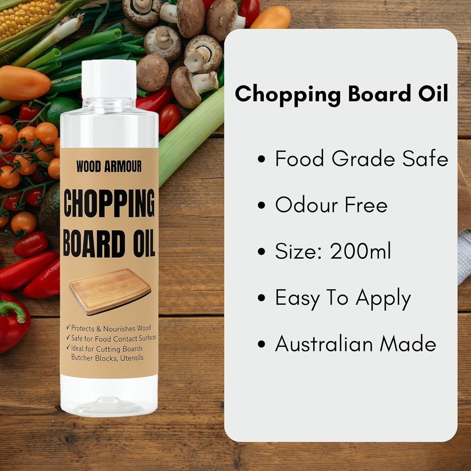 Chopping Board Oil Food Grade, Wood Conditioner & Finishing Oil, Ideal for Butcher Blocks, Cutting Boards, Wood Countertops, Wood Boards, Wooden Kitchen Utensils (200Ml)