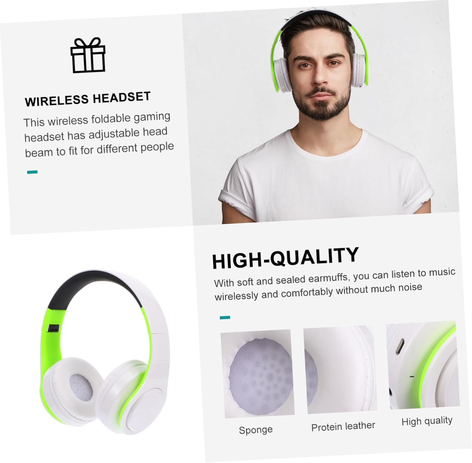 LIGIGWASH Foldable Wireless Over-Ear Headphones Adjustable Stereo Headset with Wireless Connectivity and Micro Memory Card Slot for Sports and Travel, Lightweight Green-White Design image number 5