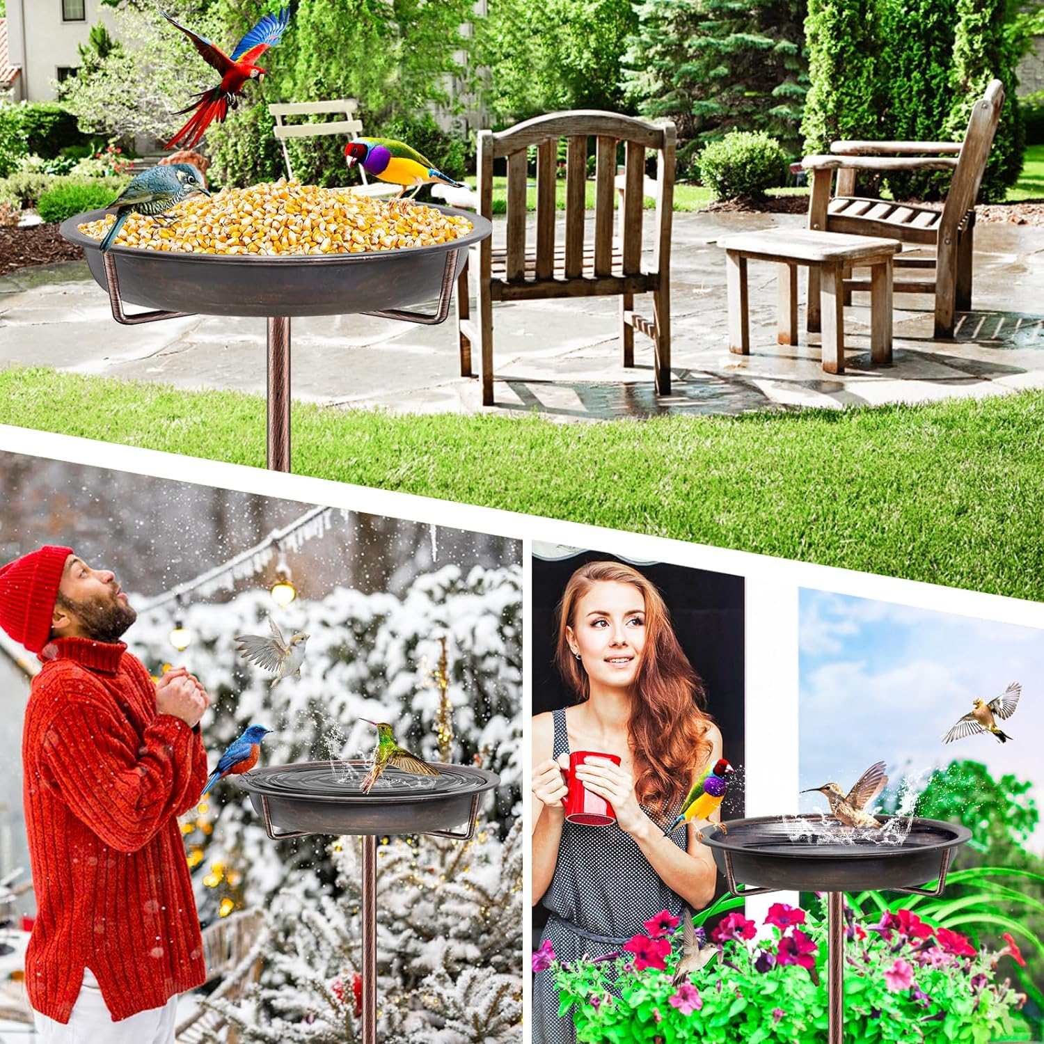 Metal Bird Bath for outside Garden Birdbath Bowl, 36.2" Height Freestanding Bird Feeders for Outdoors with 4 Prongs Base Stake, Standing Birdfeeders for Yard Lawn Decor (Retro Copper) - Retro Blue image number 6