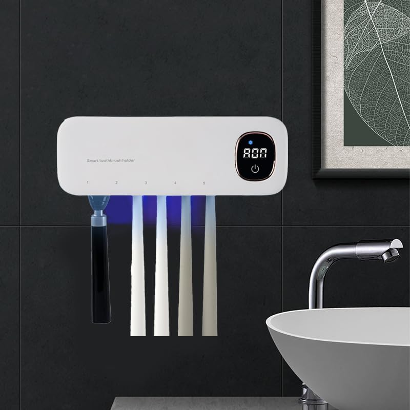 Wall-Mounted Toothbrush Holder with Sanitizer &ndash; 5-Slot Tooth Brush Holder & Toothbrush Cleaner for Bathroom, LED Touchscreen Sterilizer and Organiser for Manual & Electric Brushes image number 4