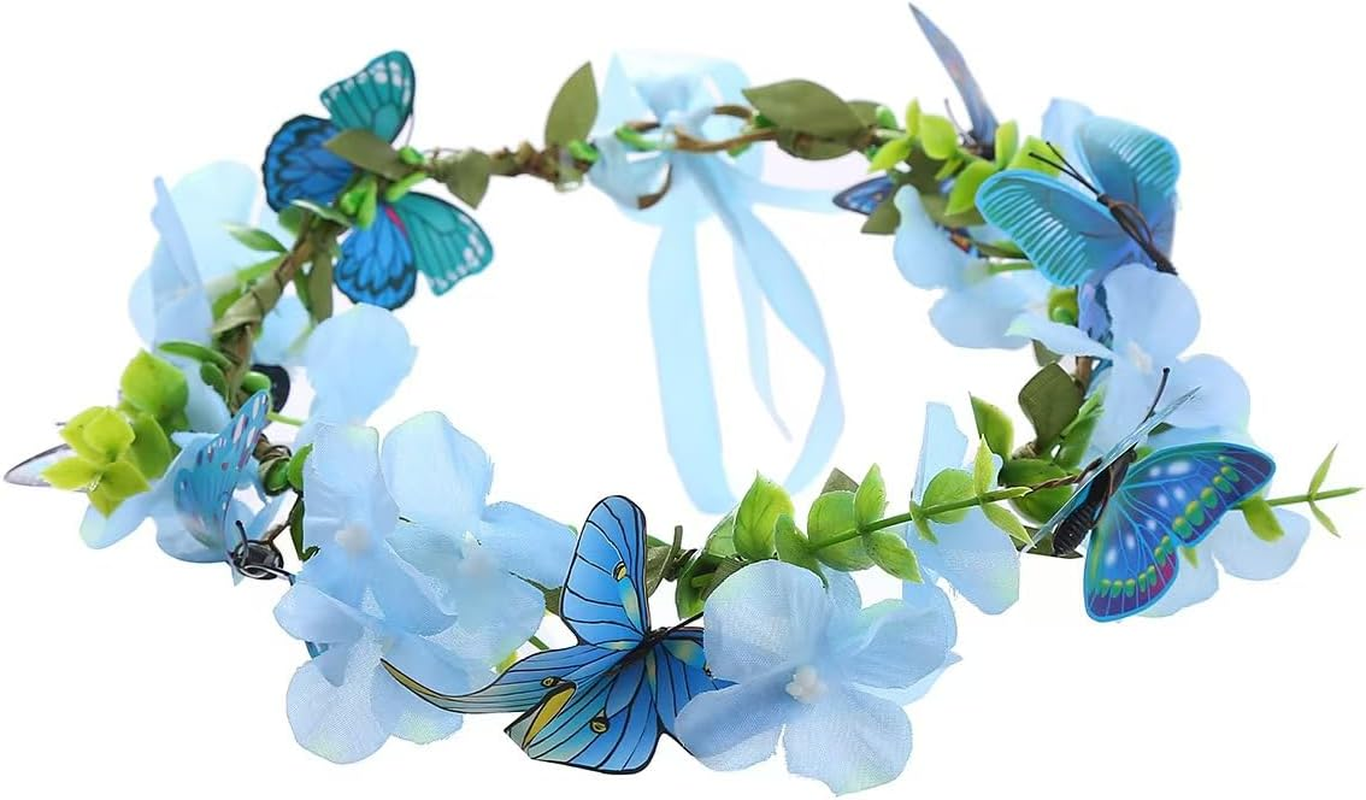 Blue Flower Butterfly Crown - Fairy Woodland Headband Artificial Forest Elf Floral Headpiece for Women Girls Maternity Halloween Renaissance Wedding Cosplay Party Hair Accessory