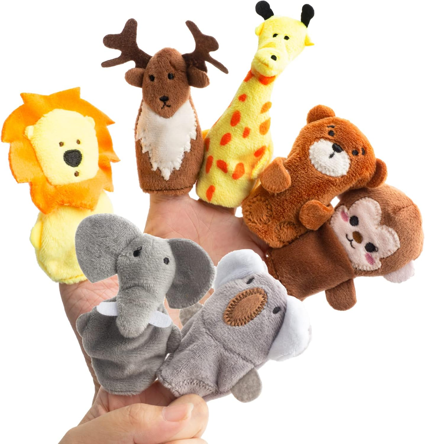 Creepyparty 7 Pieces Multicolored Wild Animal Finger Puppets: Lion, Deer, Giraffe, Koala, Bear, Elephant, Monkey - Soft Velvet & Cotton, 3+ Age Range