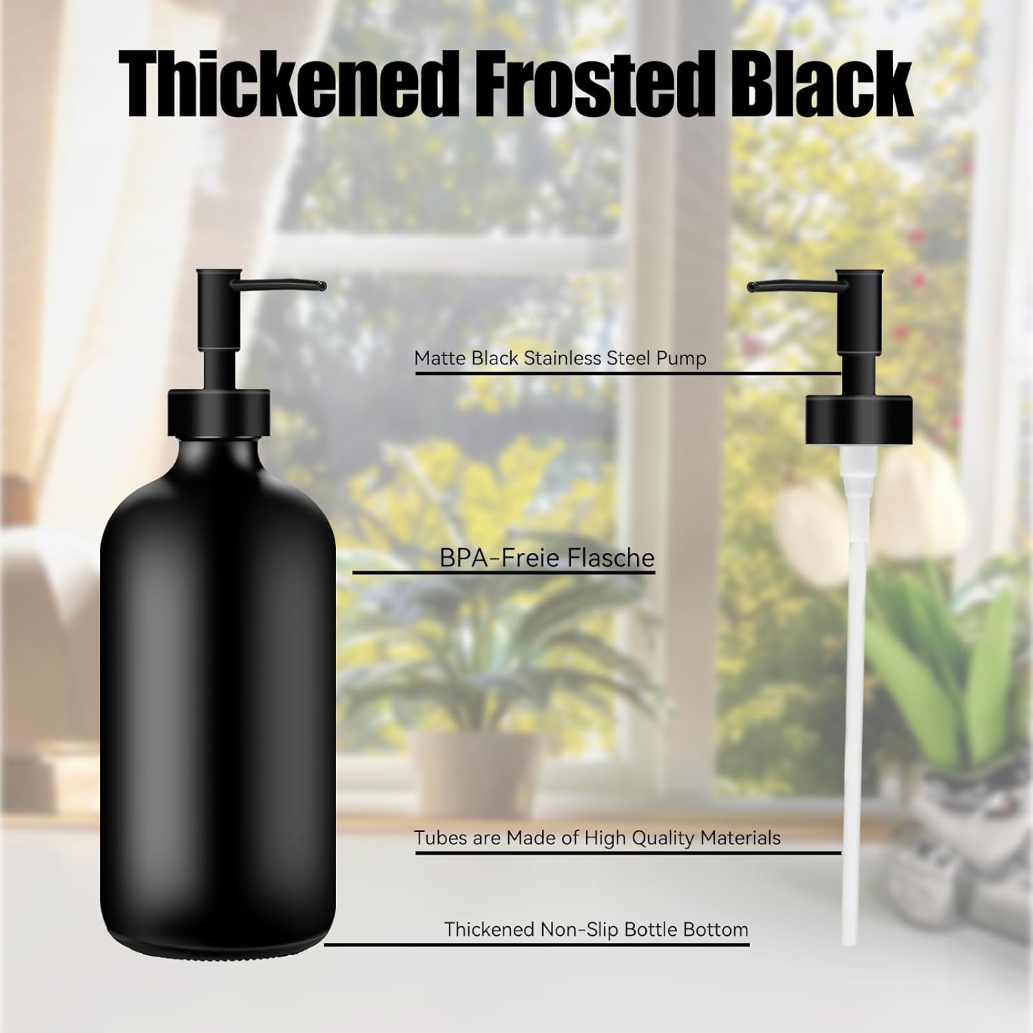 2 Pack Glass Soap Dispenser, Thickened Matte Black Hand Soap Dispenser, 400Ml Glass Pump Bottle, Suitable for Bathrooms, Countertops, Kitchens, and Laundry Rooms image number 5