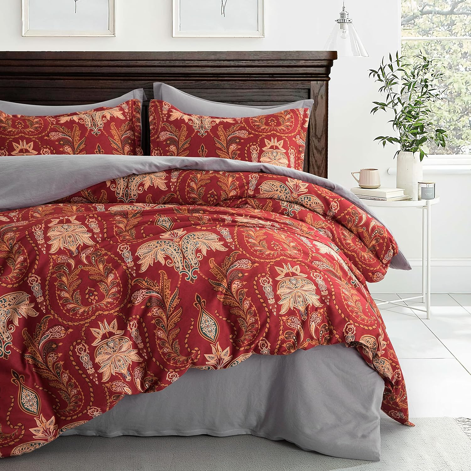 Eikei Italian Bohemian Paisley Duvet Cover 3Pc Set Boho Bedding Boteh Damask Medallion 400TC Egyptian Cotton Sateen Luxury European Traditional Style Bed Linen (Red Teal, Super King) image number 5