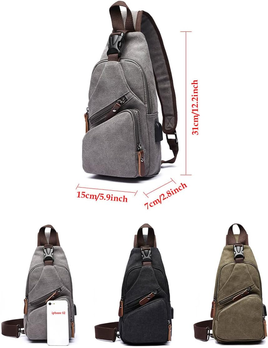 Canvas Sling Bag Crossbody Backpack Shoulder Casual Rucksack for Men Women Outdoor Cycling Hiking Travel Fishing Shopping Trekking - Grey image number 2