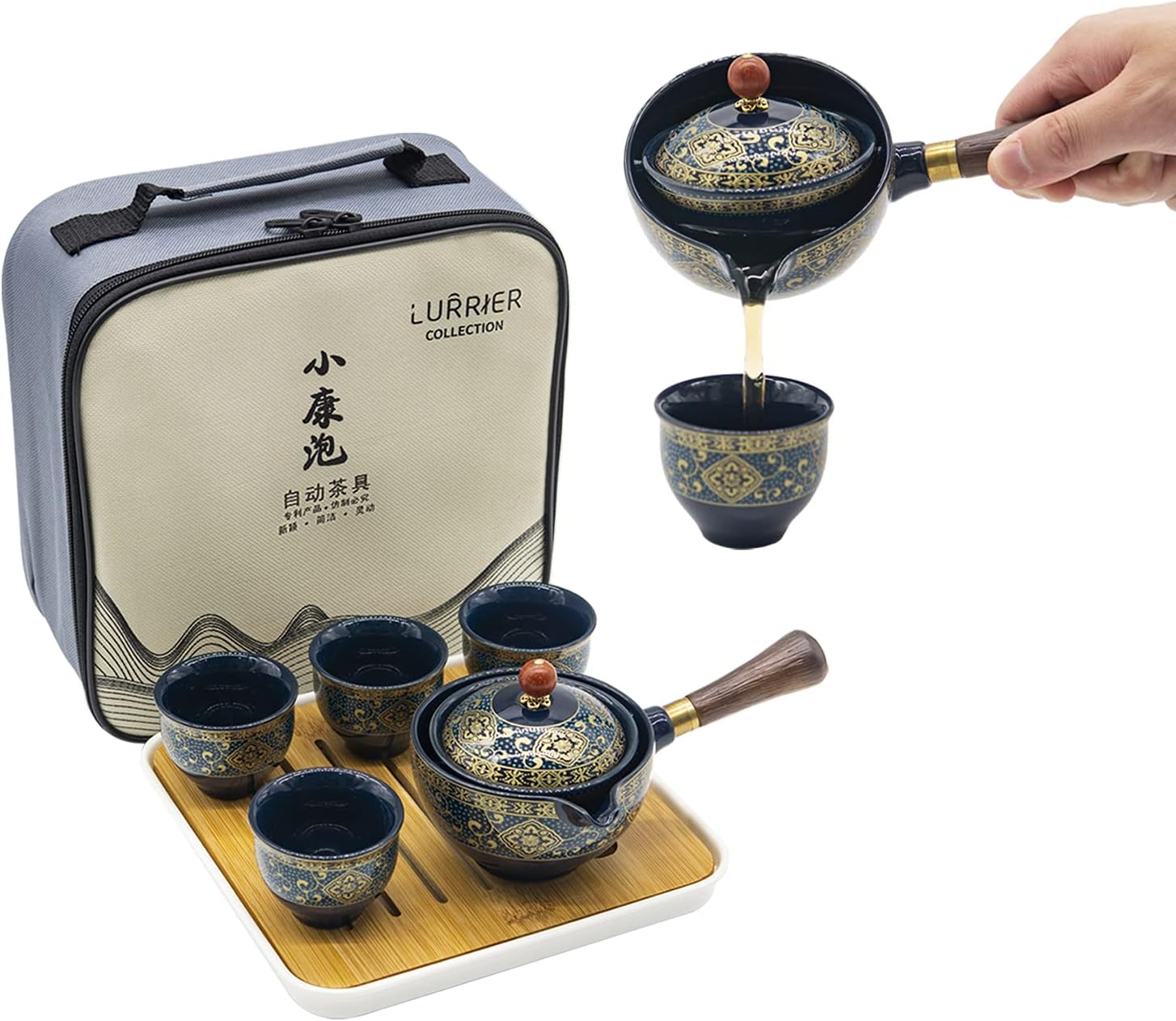 LURRIER Porcelain Chinese Gongfu Tea Set,Portable Teapot Set with 360 Rotation Tea Maker and Infuser,Portable All in One Gift Bag for Travel,Home,Gifting,Outdoor and Office(Blue) - Black image number 6