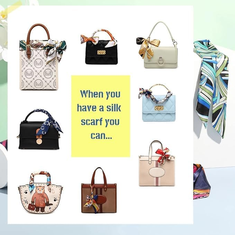 Silk Purse Scarf for Handbags,Bags, and Purses,2 Pcs 2"X47" Hair Ribbon Skinny Neck Scarves for Women